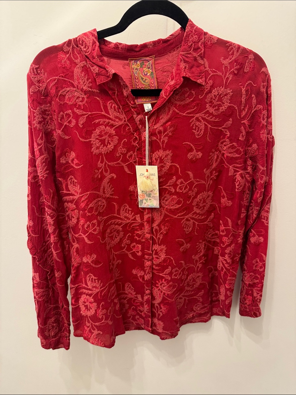 Johnny Was Red Floral-Textured Casual Button-Down Shirt